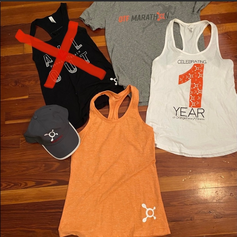 OTF White tank, grey t shirt, orange tank.